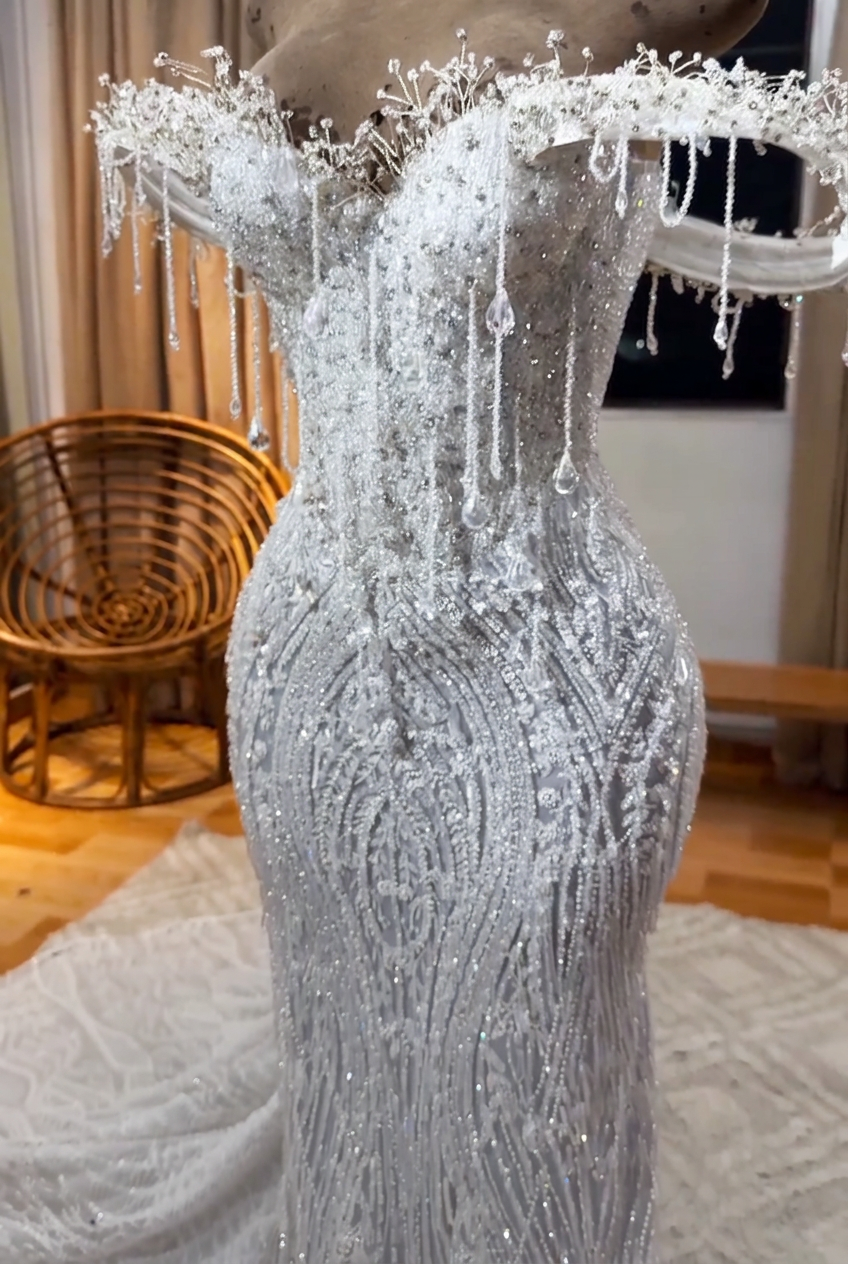 White off-the-shoulder beaded mermaid prom dress