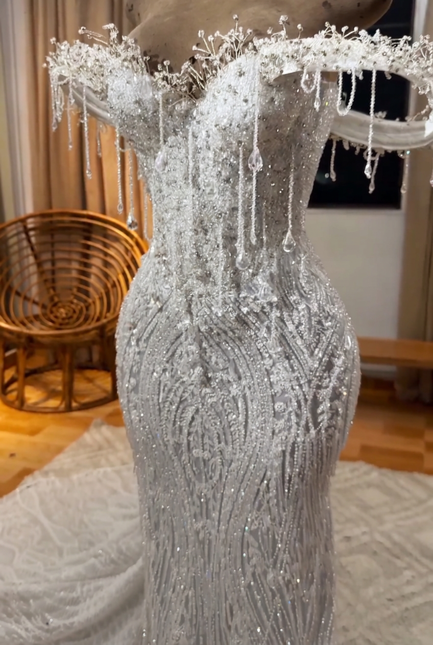 Ivory off-the-shoulder beaded mermaid prom dress