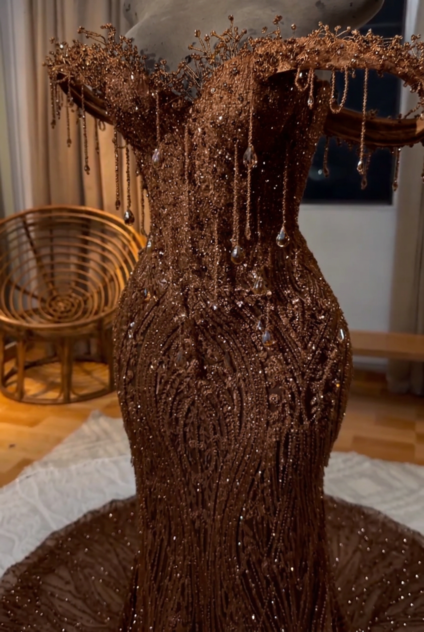 Chocolate off-the-shoulder beaded mermaid prom dress