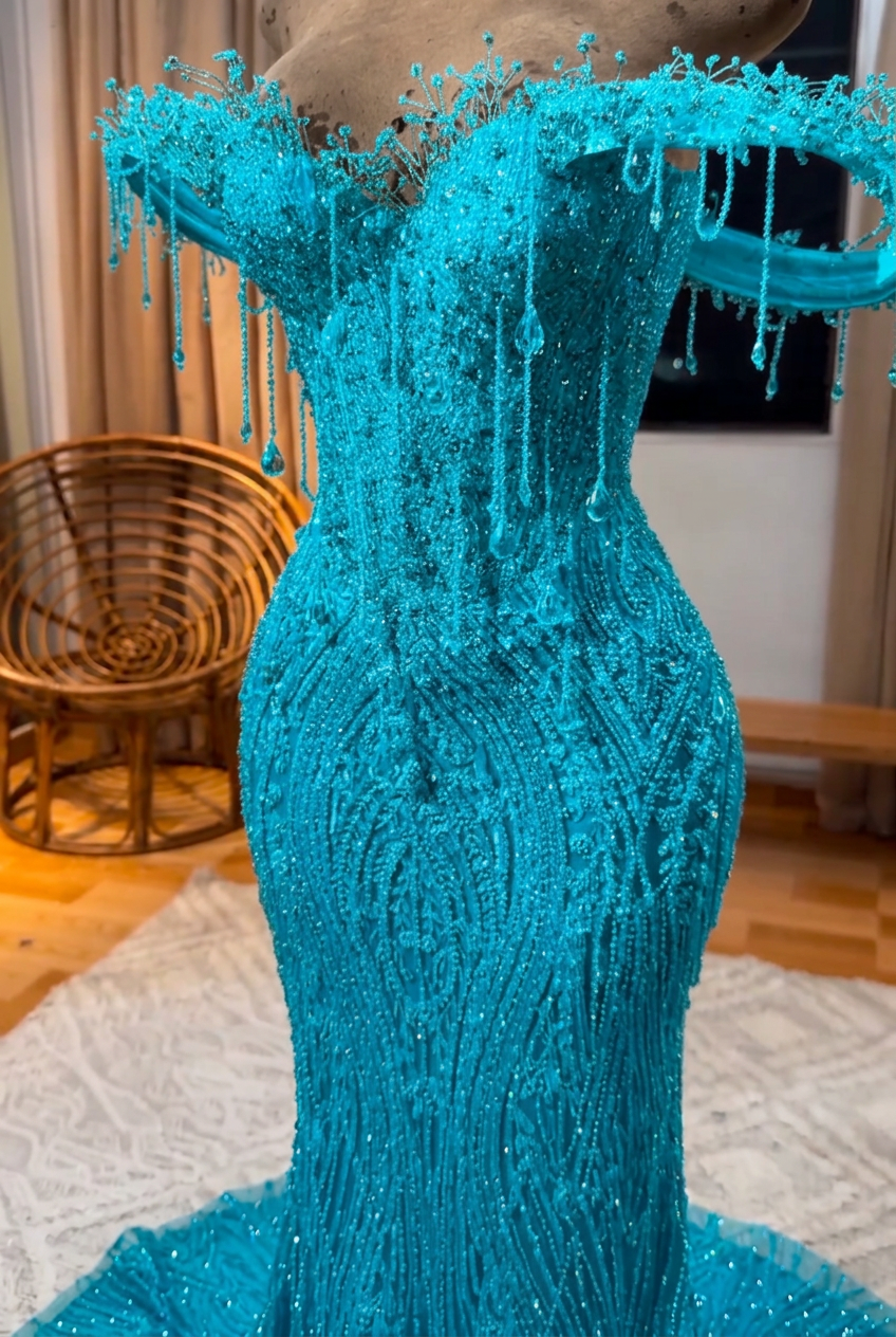 Turquoise off-the-shoulder beaded mermaid prom dress