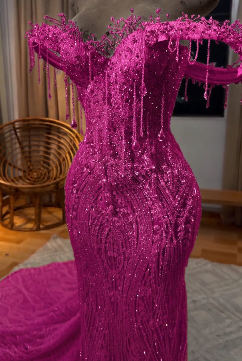 Fuchsia off-the-shoulder beaded mermaid prom dress