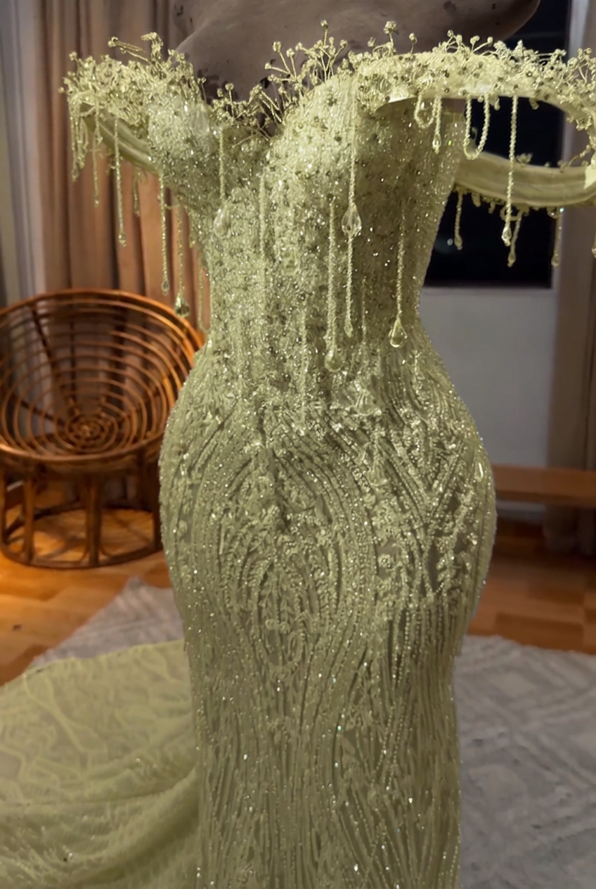 Sage off-the-shoulder beaded mermaid prom dress