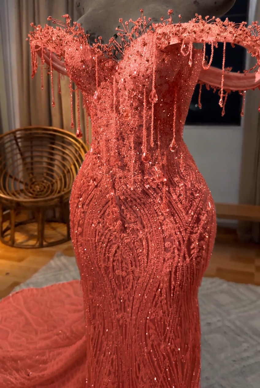 Coral off-the-shoulder beaded mermaid prom dress