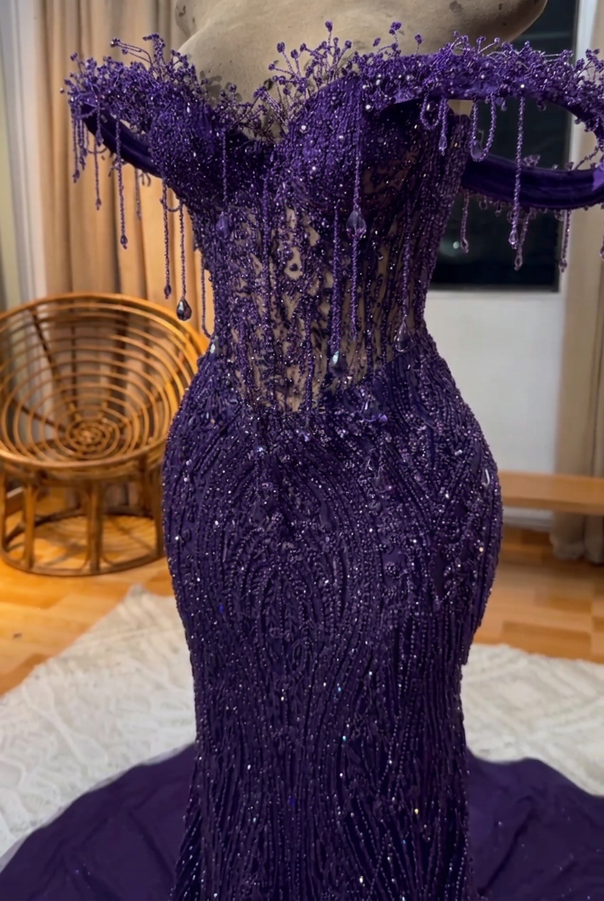 Regency off-the-shoulder beaded mermaid prom dress