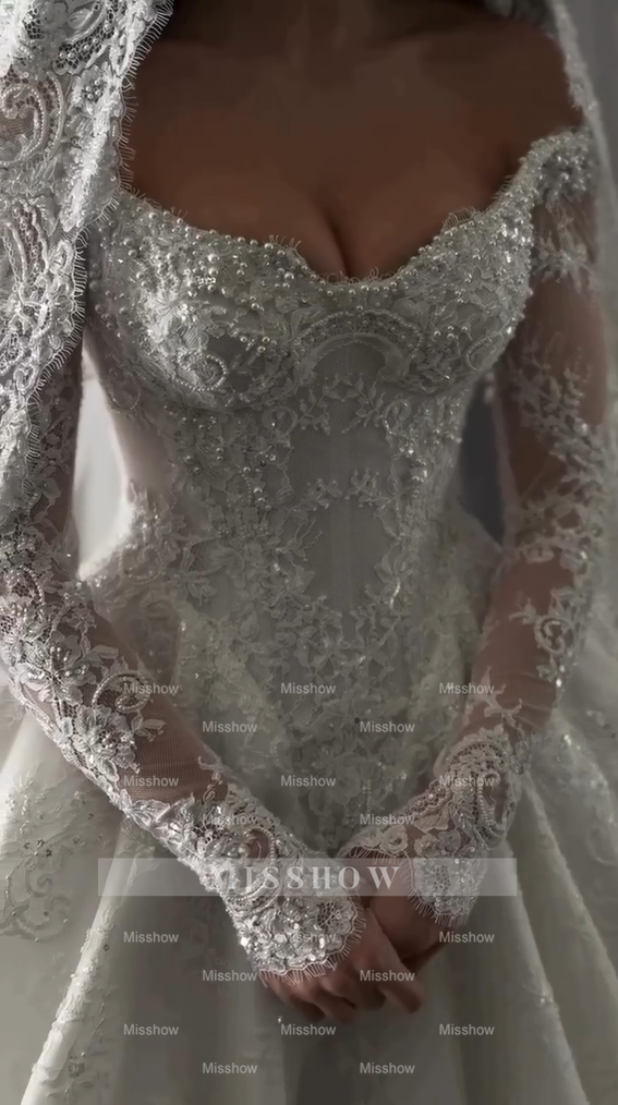 Luxury White Off-the-shoulder Ball Gown Lace Pearls Long Sleeves Wedding Dress