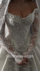 Luxury White Off-the-shoulder Ball Gown Lace Pearls Long Sleeves Wedding Dress