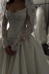 Luxury White Off-the-shoulder Ball Gown Lace Pearls Long Sleeves Wedding Dress