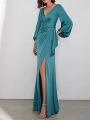 A-Line Floor Length Long Sleeve V Neck Wedding Guest Dresses Tie Charmeuse with Ruched