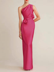 Sheath Column Floor Length Sleeveless One Shoulder Wedding Guest Dresses Satin With Bow S Pocket