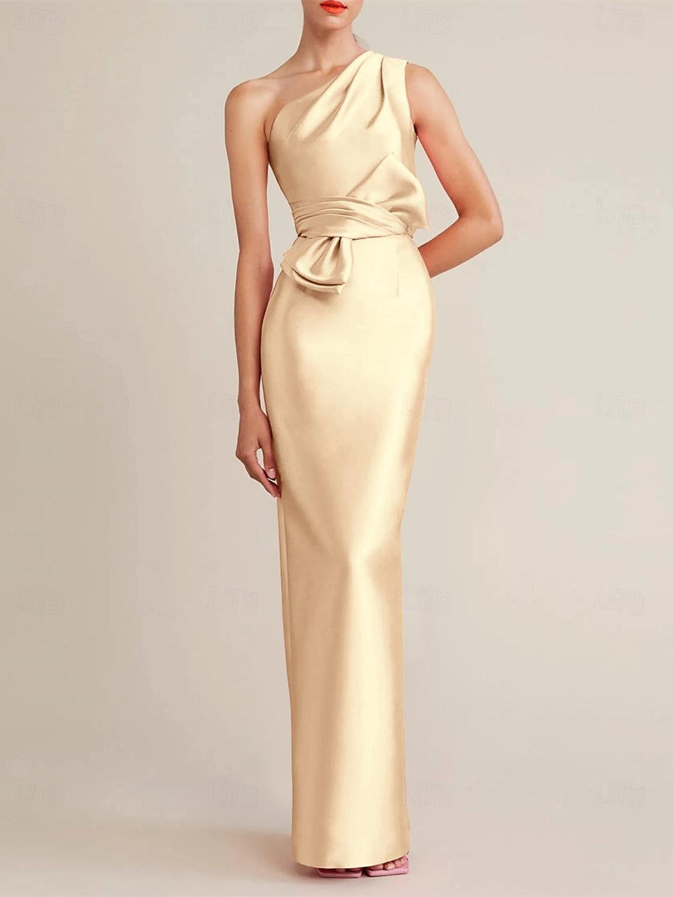 Sheath Column Floor Length Sleeveless One Shoulder Wedding Guest Dresses Satin With Bow S Pocket