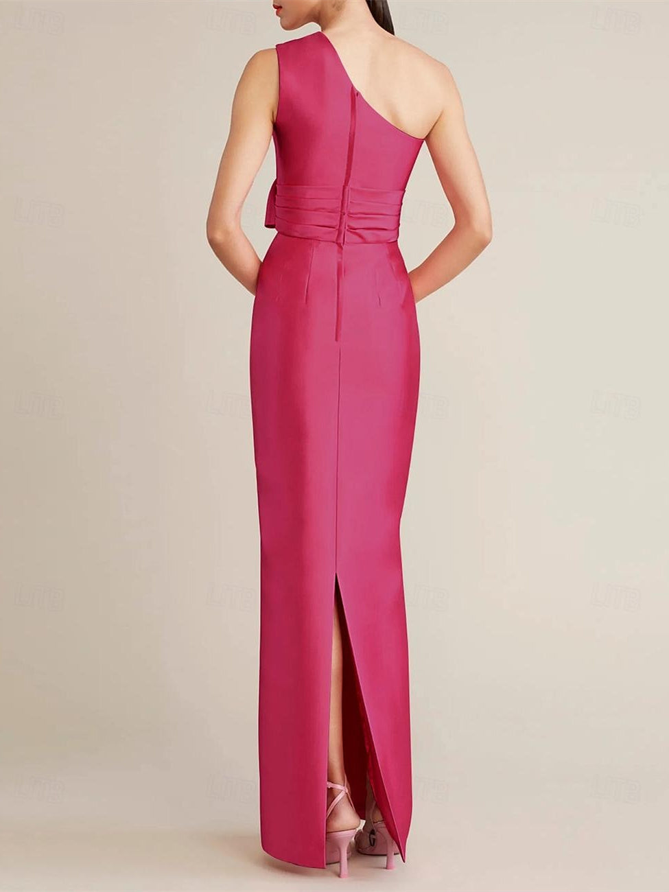 Sheath Column Floor Length Sleeveless One Shoulder Wedding Guest Dresses Satin With Bow S Pocket