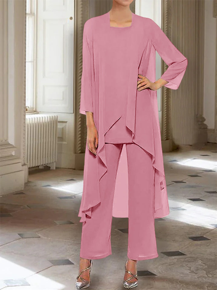 Chiffon Round Neck 3 4 Length Sleeves Ankle Length Mother Of The Bride Pantsuits With Jacket