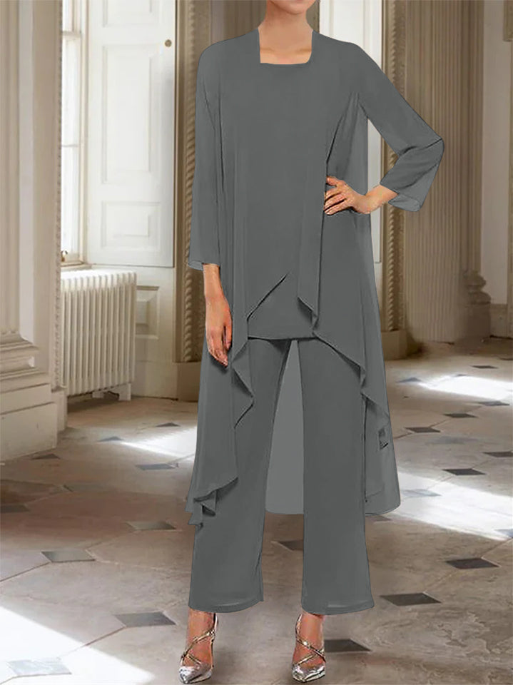Chiffon Round Neck 3 4 Length Sleeves Ankle Length Mother Of The Bride Pantsuits With Jacket