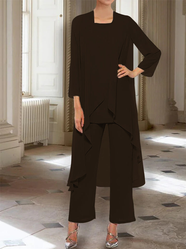 Chiffon Round Neck 3 4 Length Sleeves Ankle Length Mother Of The Bride Pantsuits With Jacket