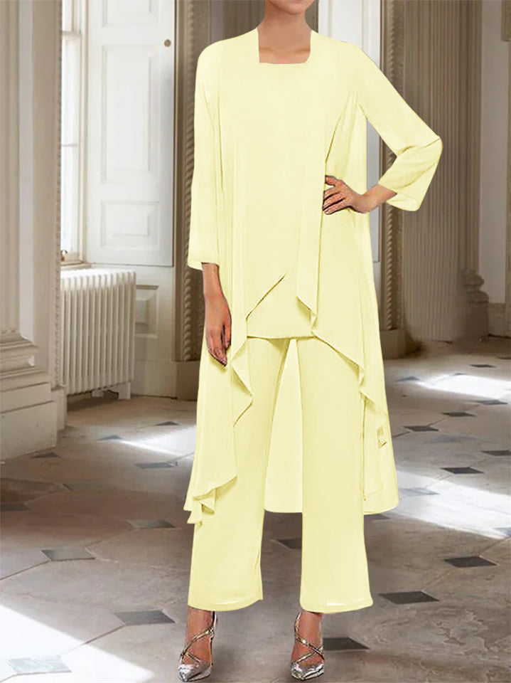 Chiffon Round Neck 3 4 Length Sleeves Ankle Length Mother Of The Bride Pantsuits With Jacket