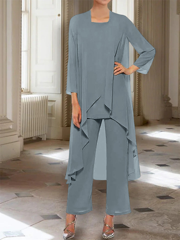 Chiffon Round Neck 3 4 Length Sleeves Ankle Length Mother Of The Bride Pantsuits With Jacket
