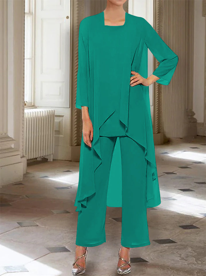 Chiffon Round Neck 3 4 Length Sleeves Ankle Length Mother Of The Bride Pantsuits With Jacket