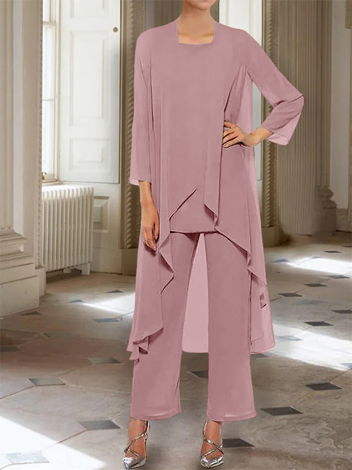 Chiffon Round Neck 3 4 Length Sleeves Ankle Length Mother Of The Bride Pantsuits With Jacket