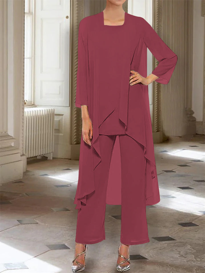 Chiffon Round Neck 3 4 Length Sleeves Ankle Length Mother Of The Bride Pantsuits With Jacket