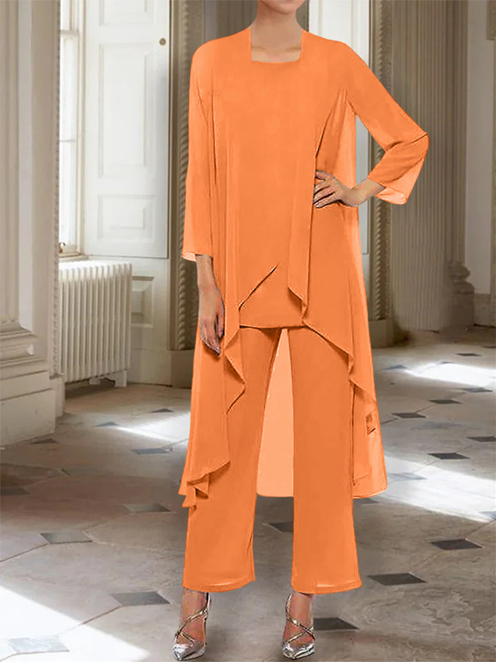 Chiffon Round Neck 3 4 Length Sleeves Ankle Length Mother Of The Bride Pantsuits With Jacket