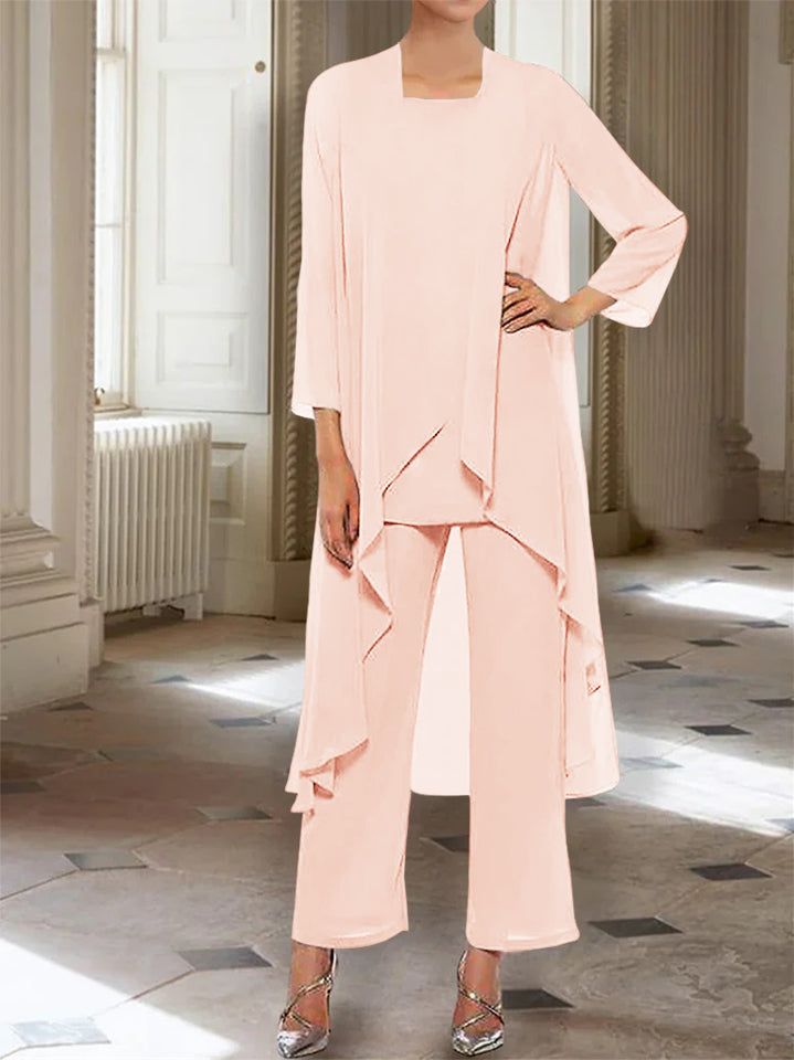Chiffon Round Neck 3 4 Length Sleeves Ankle Length Mother Of The Bride Pantsuits With Jacket