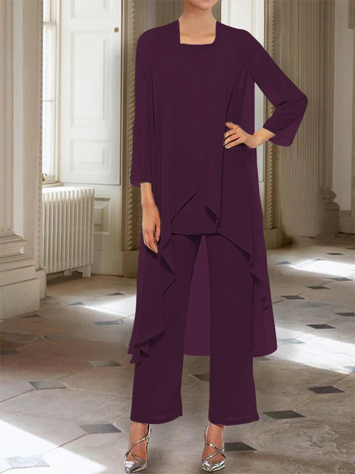 Chiffon Round Neck 3 4 Length Sleeves Ankle Length Mother Of The Bride Pantsuits With Jacket