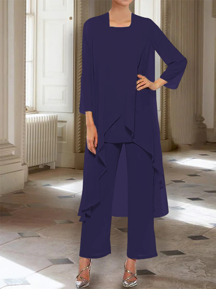 Chiffon Round Neck 3 4 Length Sleeves Ankle Length Mother Of The Bride Pantsuits With Jacket