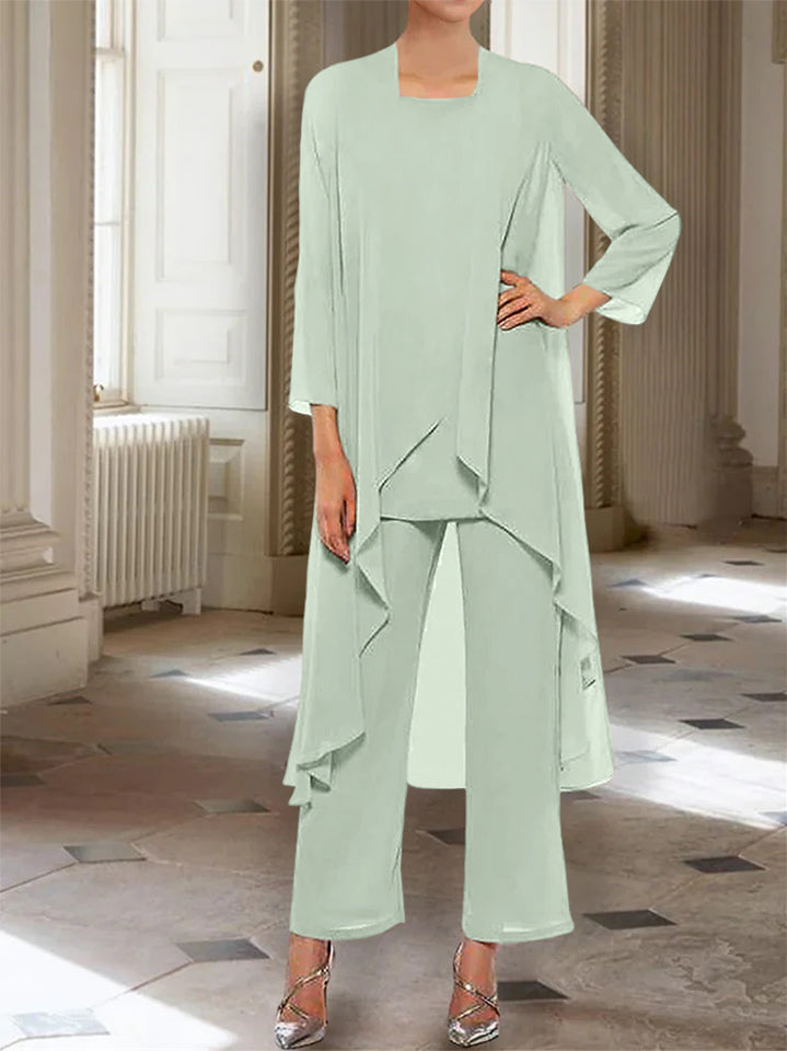 Chiffon Round Neck 3 4 Length Sleeves Ankle Length Mother Of The Bride Pantsuits With Jacket