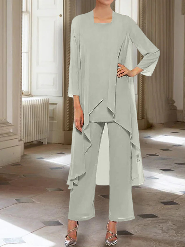 Chiffon Round Neck 3 4 Length Sleeves Ankle Length Mother Of The Bride Pantsuits With Jacket