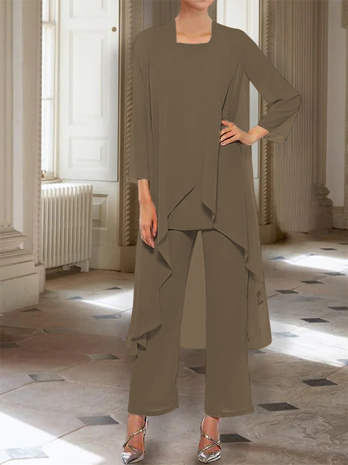Chiffon Round Neck 3 4 Length Sleeves Ankle Length Mother Of The Bride Pantsuits With Jacket