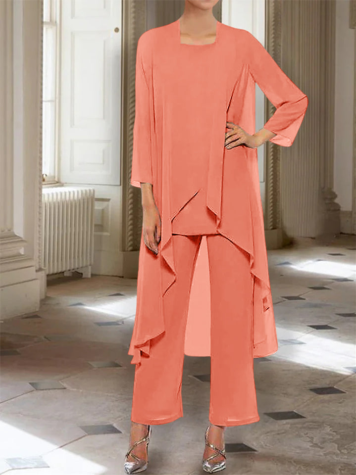 Chiffon Round Neck 3 4 Length Sleeves Ankle Length Mother Of The Bride Pantsuits With Jacket