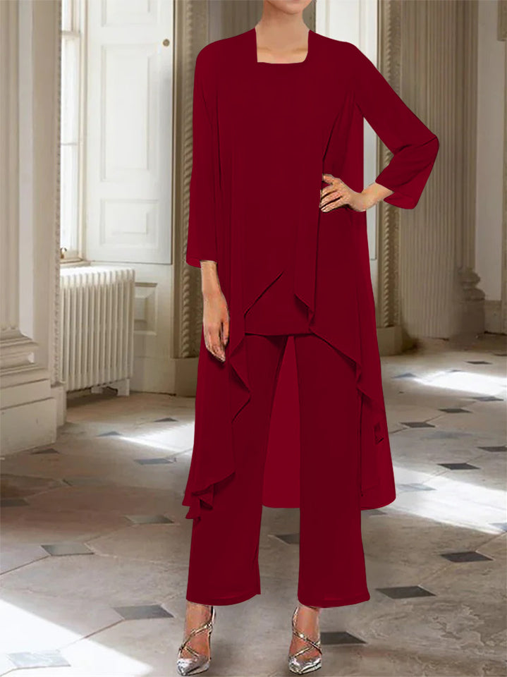 Chiffon Round Neck 3 4 Length Sleeves Ankle Length Mother Of The Bride Pantsuits With Jacket