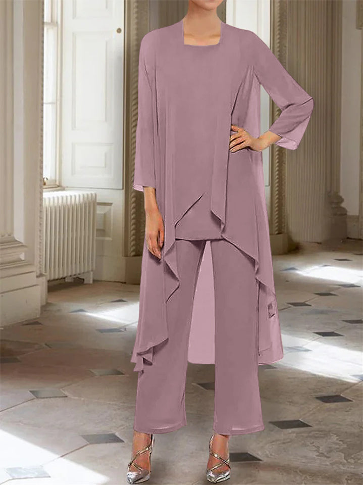Chiffon Round Neck 3 4 Length Sleeves Ankle Length Mother Of The Bride Pantsuits With Jacket