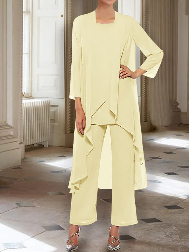 Chiffon Round Neck 3 4 Length Sleeves Ankle Length Mother Of The Bride Pantsuits With Jacket