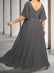 A Line Princess V Neck Half Sleeves Floor Length Mother Of The Bride Dresses With Applique
