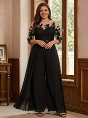 A Line Princess Jewel Neck 3 4 Length Sleeves Floor Length Plus Size Mother Of The Bride Pantsuits With Applique