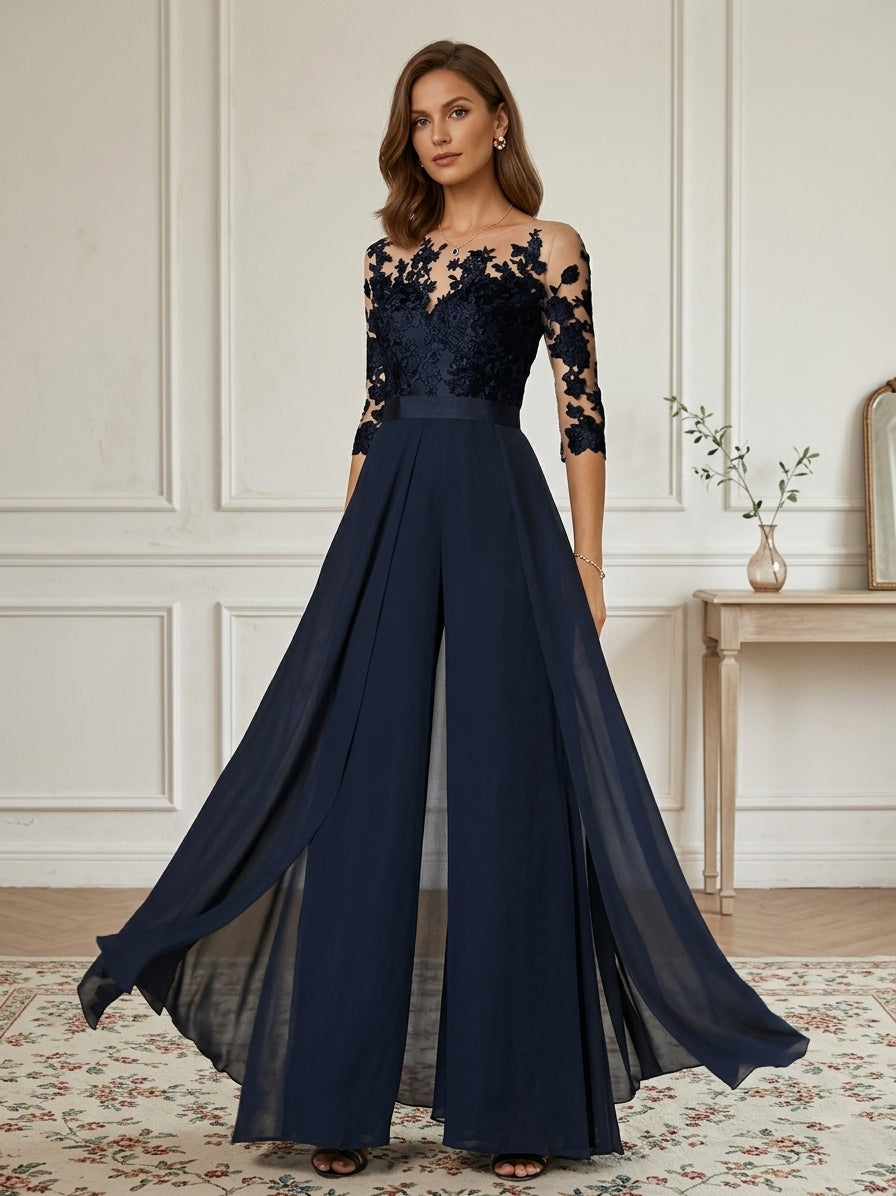 A Line Princess Jewel Neck 3 4 Length Sleeves Floor Length Mother Of The Bride Jumpsuits With Applique