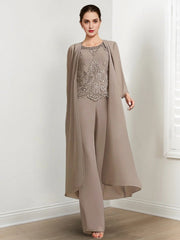 Chiffon Round Neck Floor Length Mother Of The Bride Pantsuits With Jacket Applique