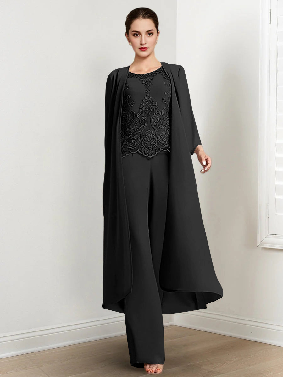 Chiffon Round Neck Floor Length Mother Of The Bride Pantsuits With Jacket Applique