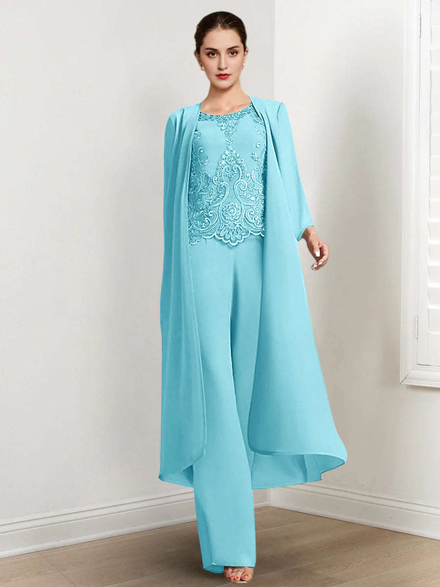 Chiffon Round Neck Floor Length Mother Of The Bride Pantsuits With Jacket Applique