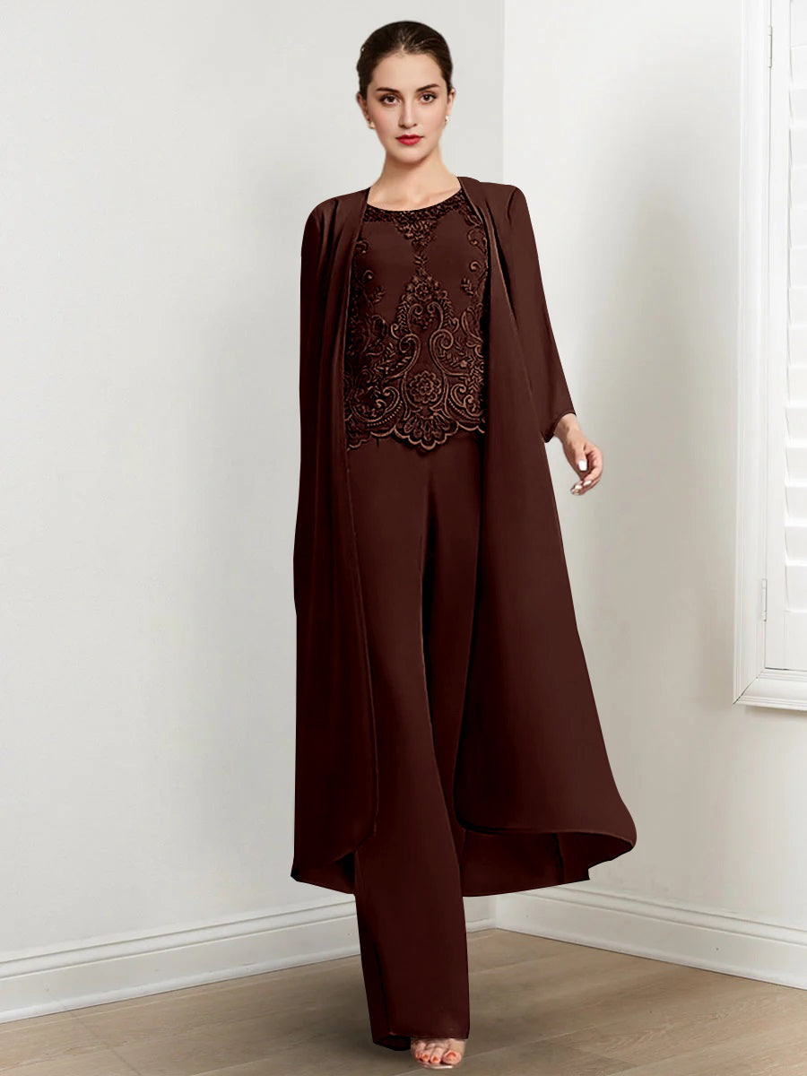 Chiffon Round Neck Floor Length Mother Of The Bride Pantsuits With Jacket Applique
