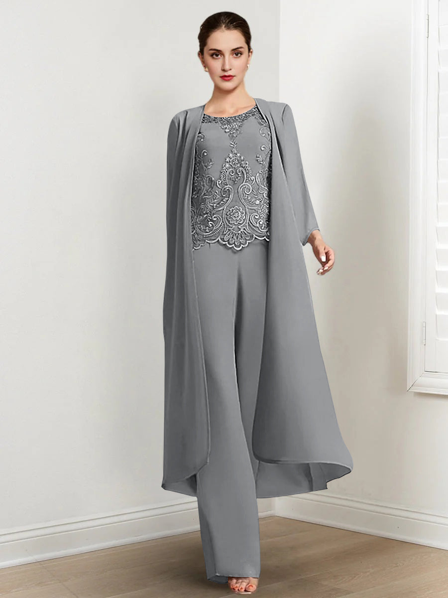 Chiffon Round Neck Floor Length Mother Of The Bride Pantsuits With Jacket Applique