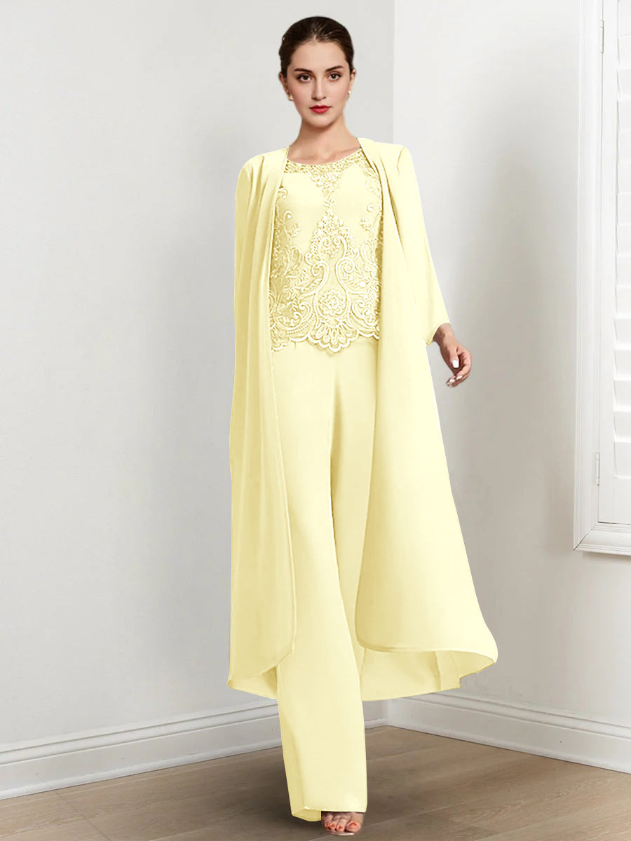 Chiffon Round Neck Floor Length Mother Of The Bride Pantsuits With Jacket Applique