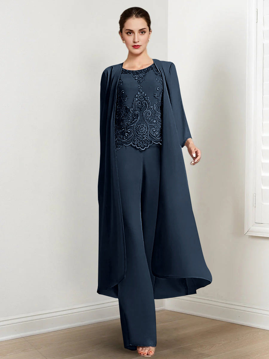 Chiffon Round Neck Floor Length Mother Of The Bride Pantsuits With Jacket Applique