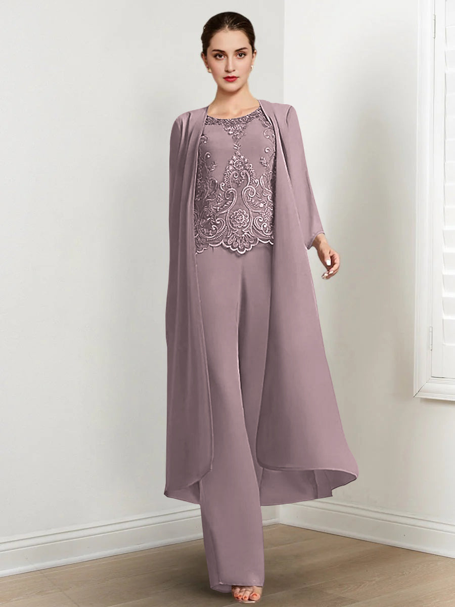 Chiffon Round Neck Floor Length Mother Of The Bride Pantsuits With Jacket Applique