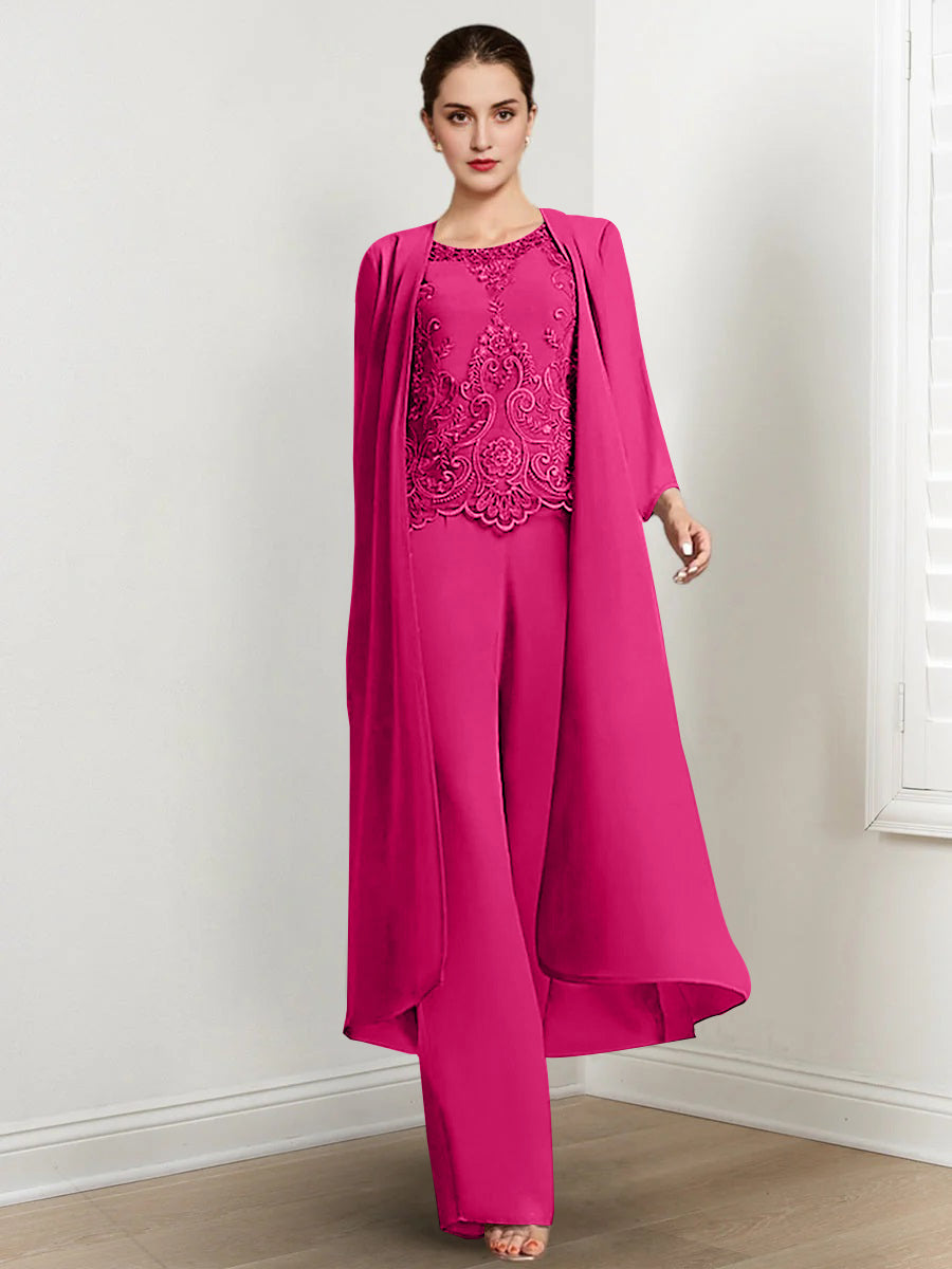 Chiffon Round Neck Floor Length Mother Of The Bride Pantsuits With Jacket Applique