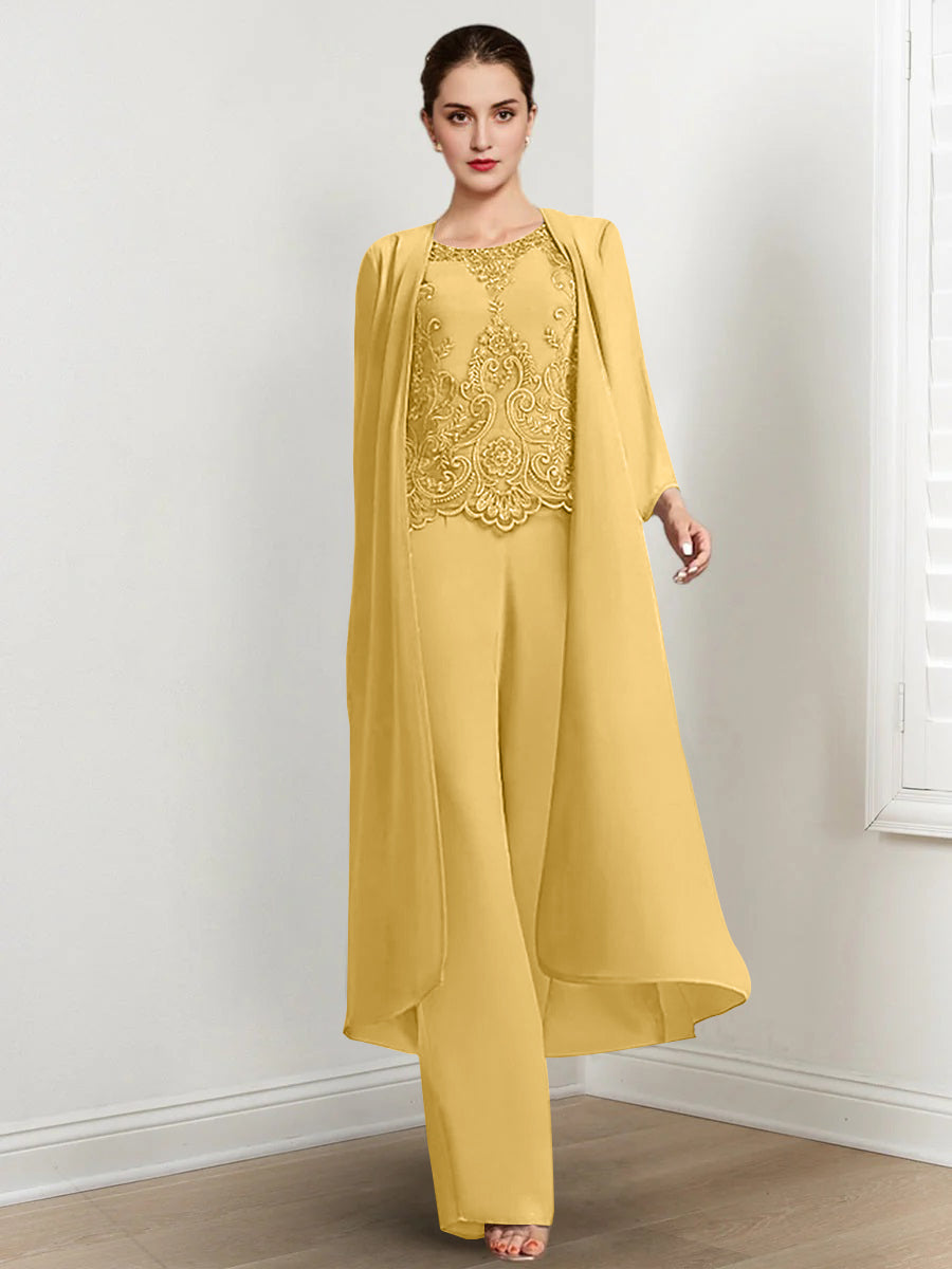 Chiffon Round Neck Floor Length Mother Of The Bride Pantsuits With Jacket Applique