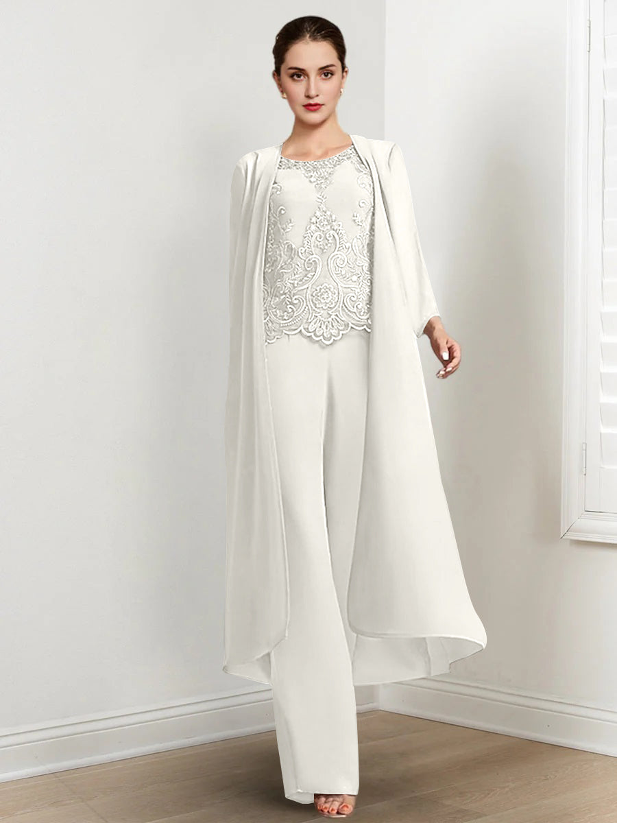 Chiffon Round Neck Floor Length Mother Of The Bride Pantsuits With Jacket Applique