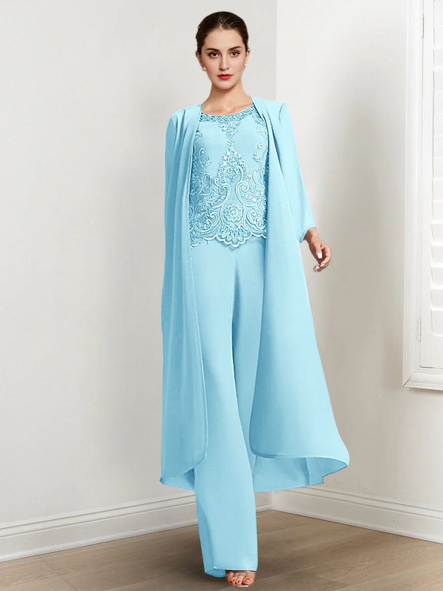 Chiffon Round Neck Floor Length Mother Of The Bride Pantsuits With Jacket Applique
