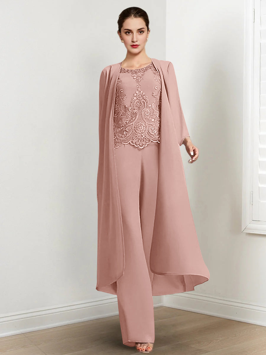 Chiffon Round Neck Floor Length Mother Of The Bride Pantsuits With Jacket Applique